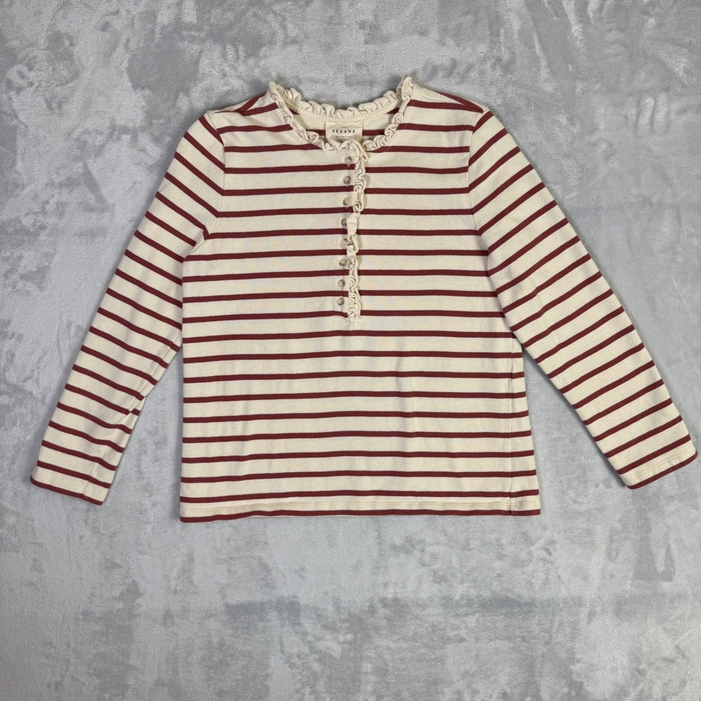 Sezane Henley Top Womens Medium Burgundy Cream Striped Ruffle Neck 3/4 Sleeve